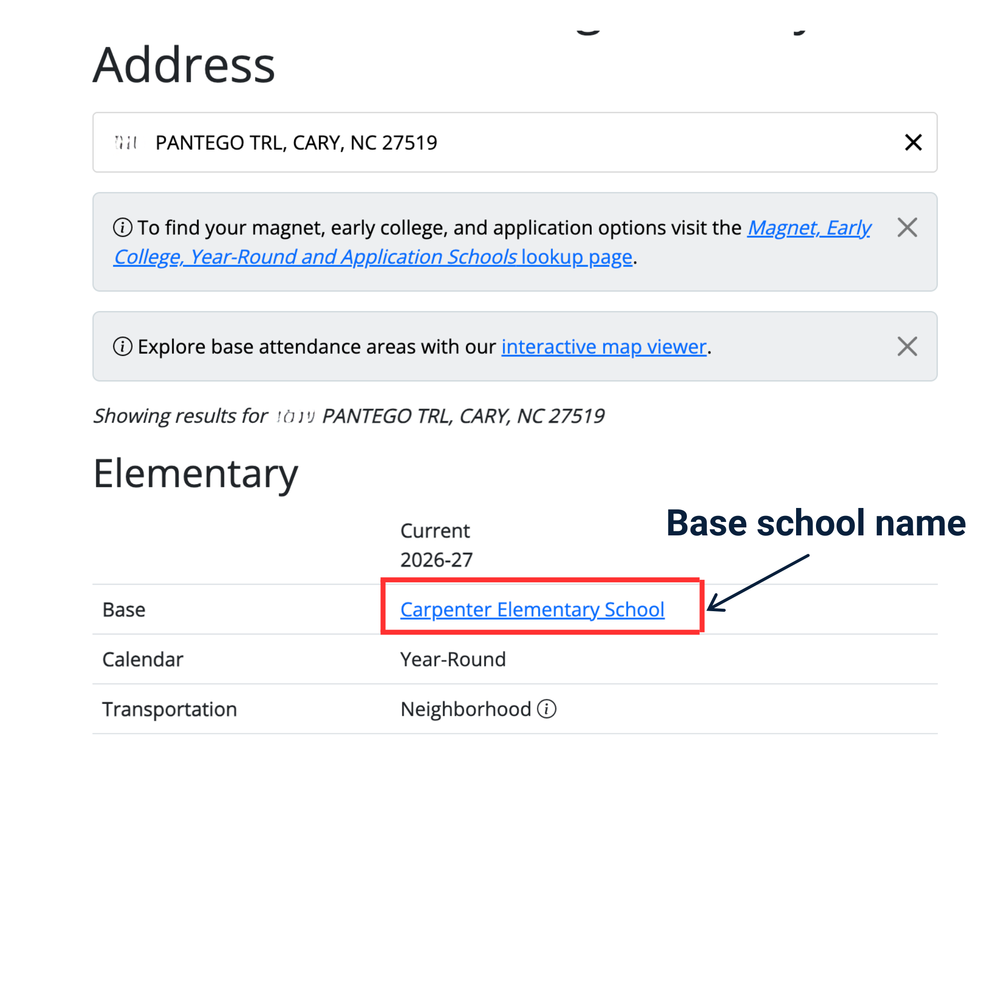 WCPSS Address Lookup: введённый адрес, Elementary, base school, calendar и transportation