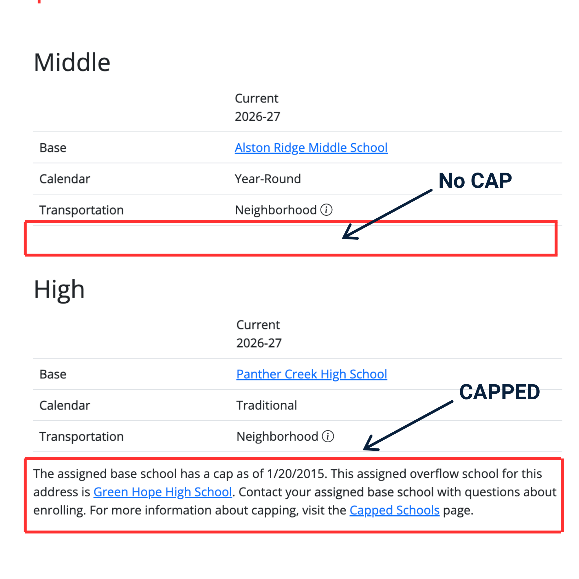 WCPSS Address Lookup: enrollment cap и overflow school для адреса в Cary NC