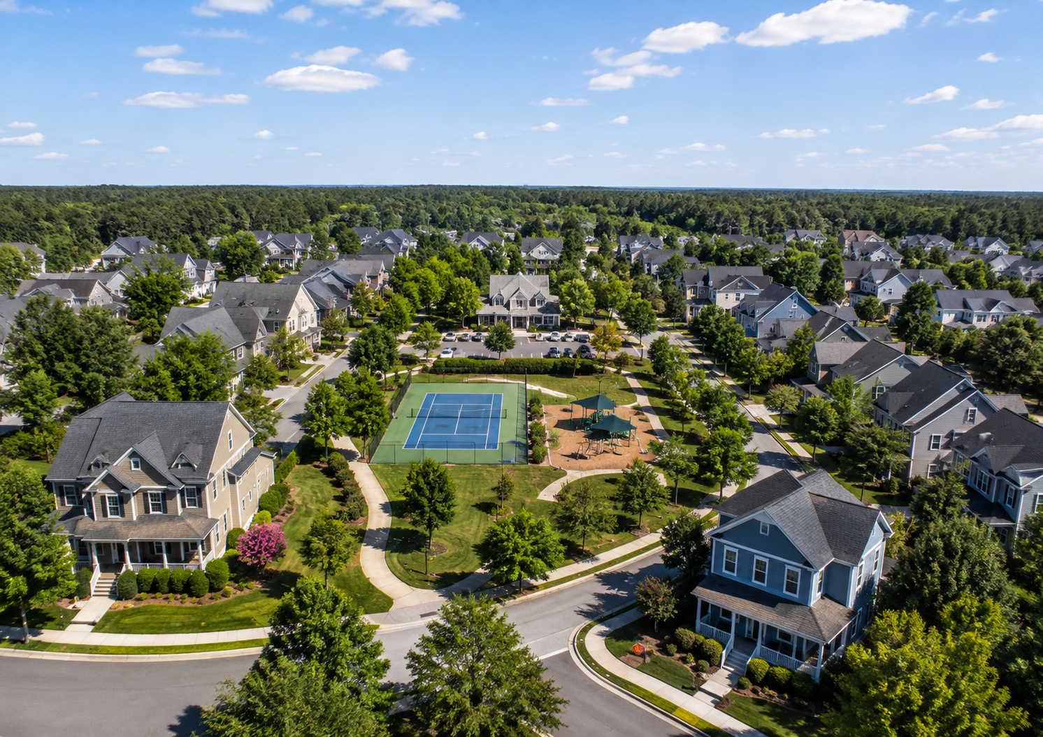 Жилые улицы, парк и tennis court в Carpenter Village, Cary NC