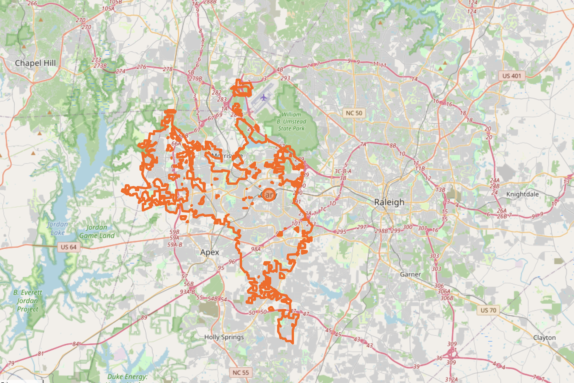Карта Cary NC относительно Raleigh RTP RDU Durham Apex и Chapel Hill